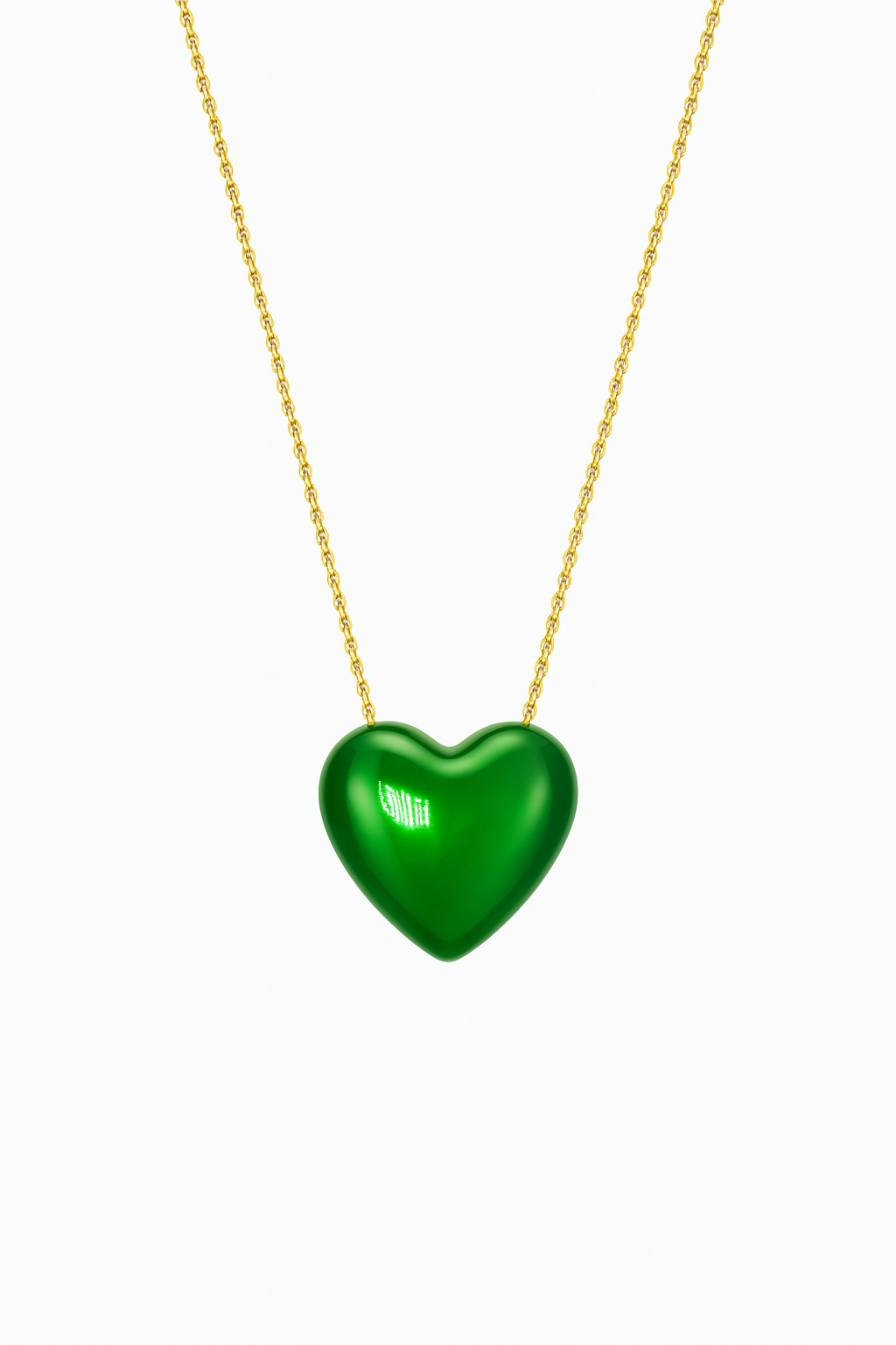 Green heart-shaped pendant on a gold chain against a white background