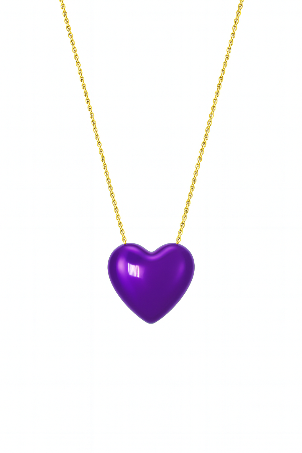 Purple heart-shaped pendant on a gold chain against a white background