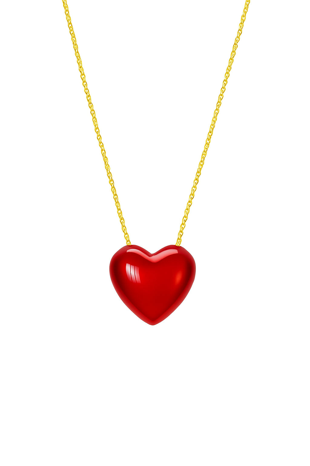 Red heart-shaped pendant on a gold chain against a white background