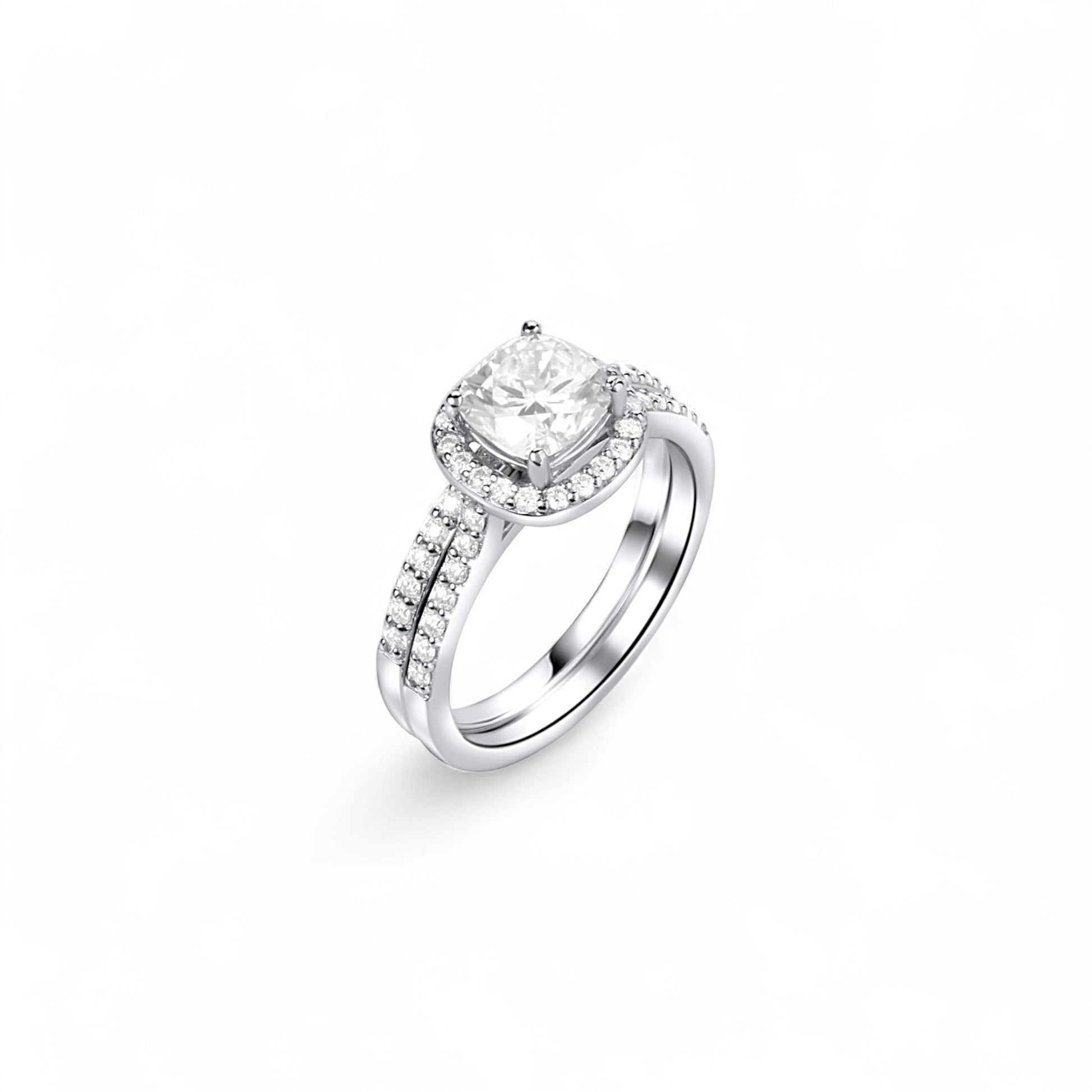 Silver ring with a diamond on a white background