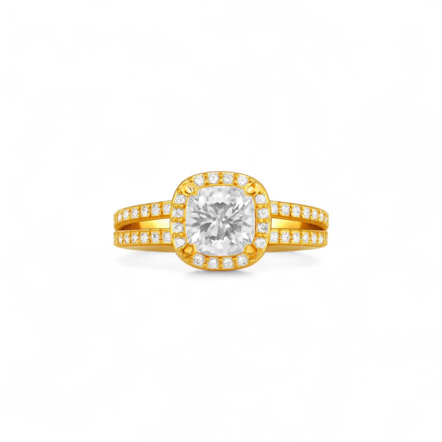 Gold ring with a diamond on a white background