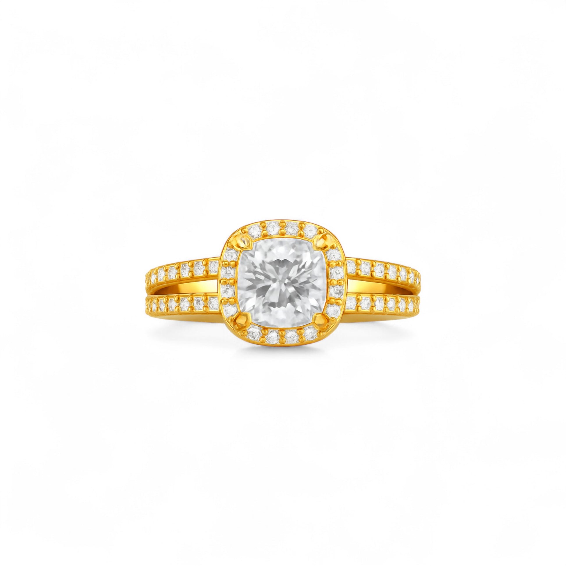 Gold ring with a diamond on a white background