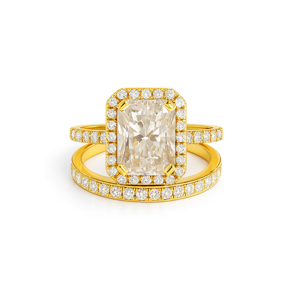 Gold ring with a large diamond and smaller diamonds on a white background