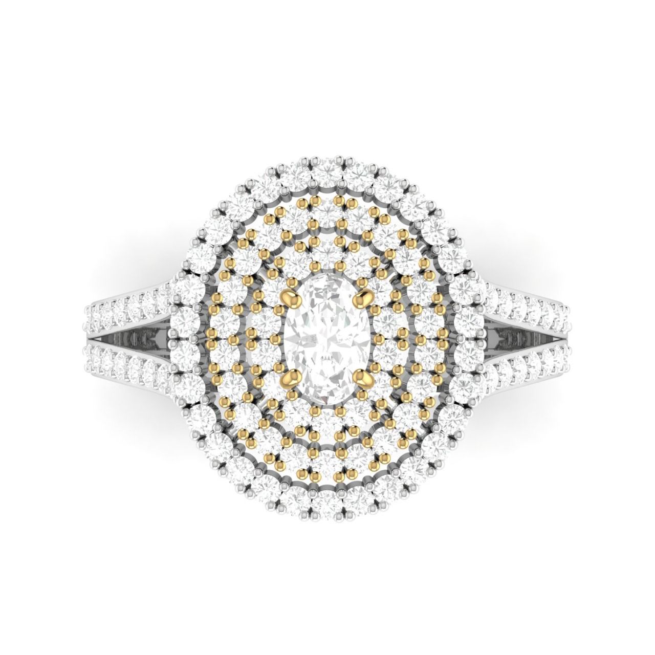 An oval-cut moissanite engagement ring with a white gold band, adorned with smaller diamonds.