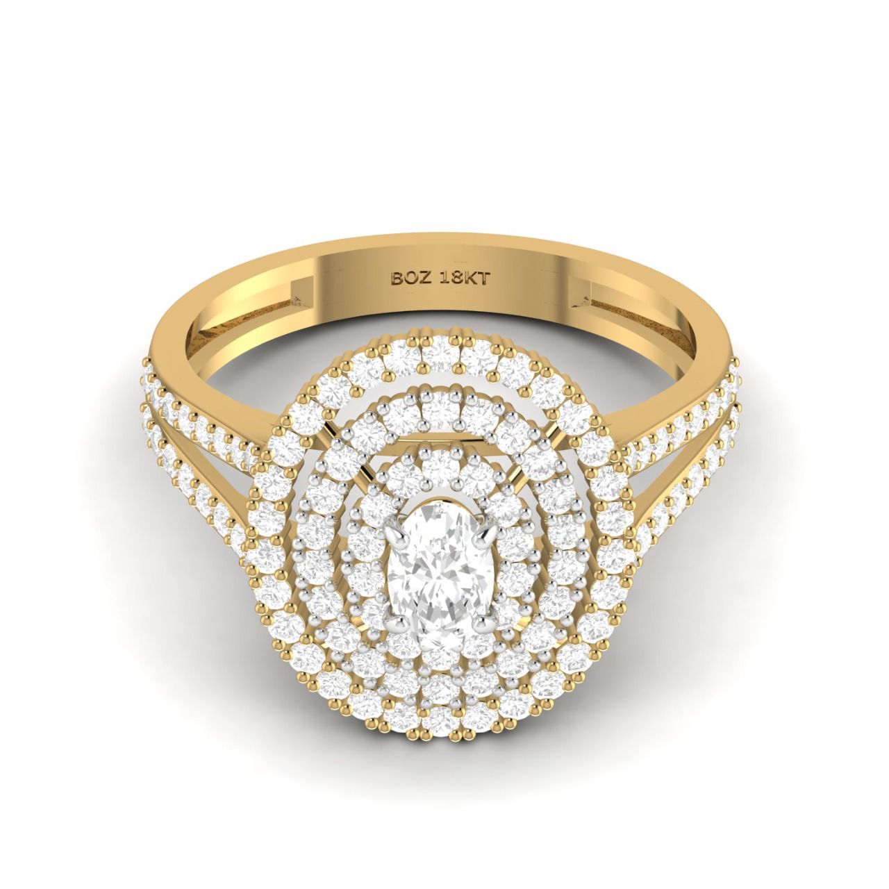An 18 karat gold engagement ring featuring an oval cut natural diamond surrounded by multiple layers of smaller diamonds