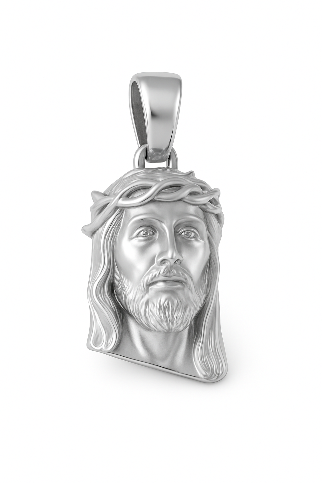 Silver pendant of a religious figure on a white background