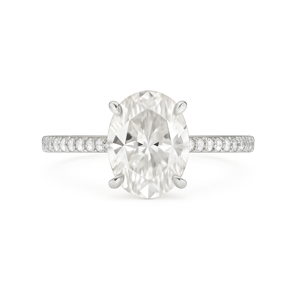 Diamond ring with a large central gemstone and smaller stones on the band against a white background