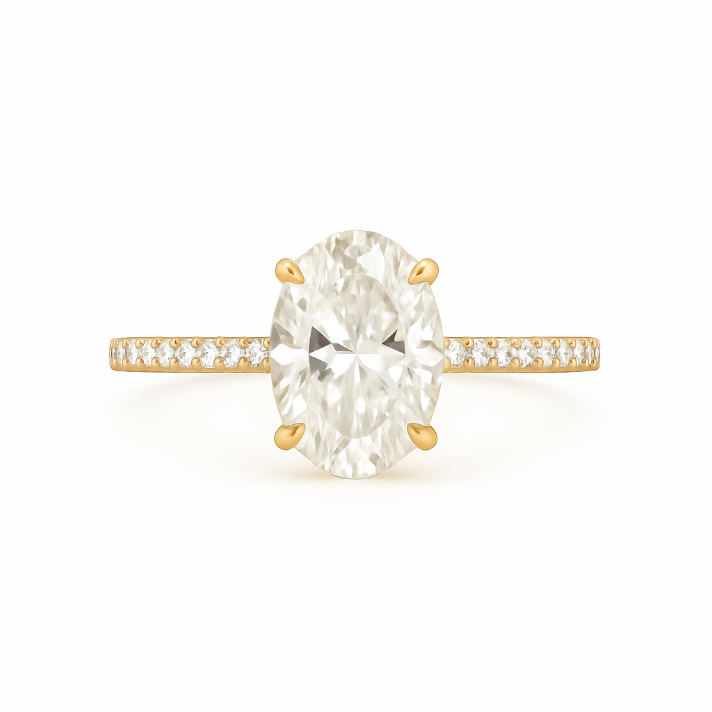 Gold ring with a large diamond and smaller diamonds on the band against a white background