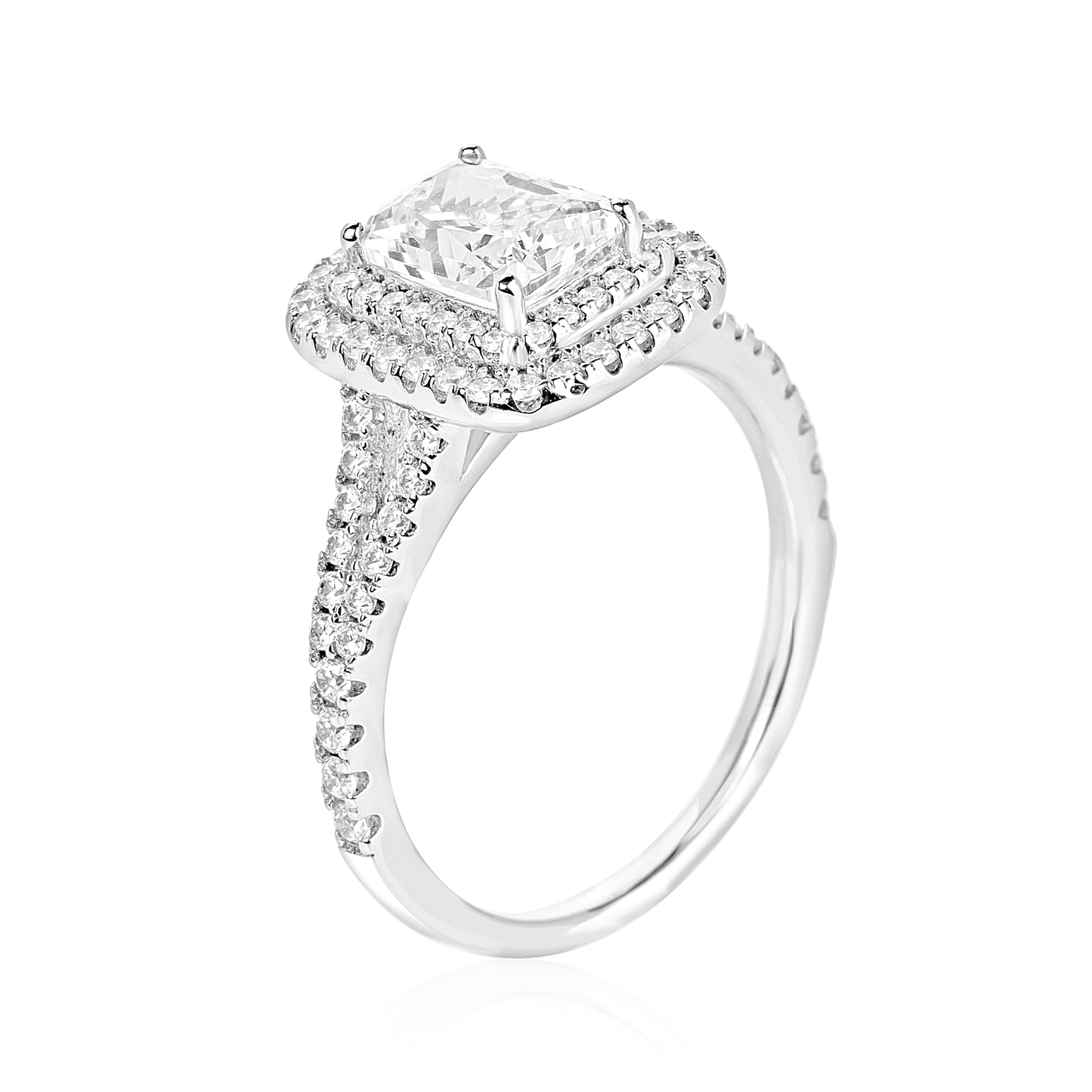 Diamond ring with a halo-style setting on a white background