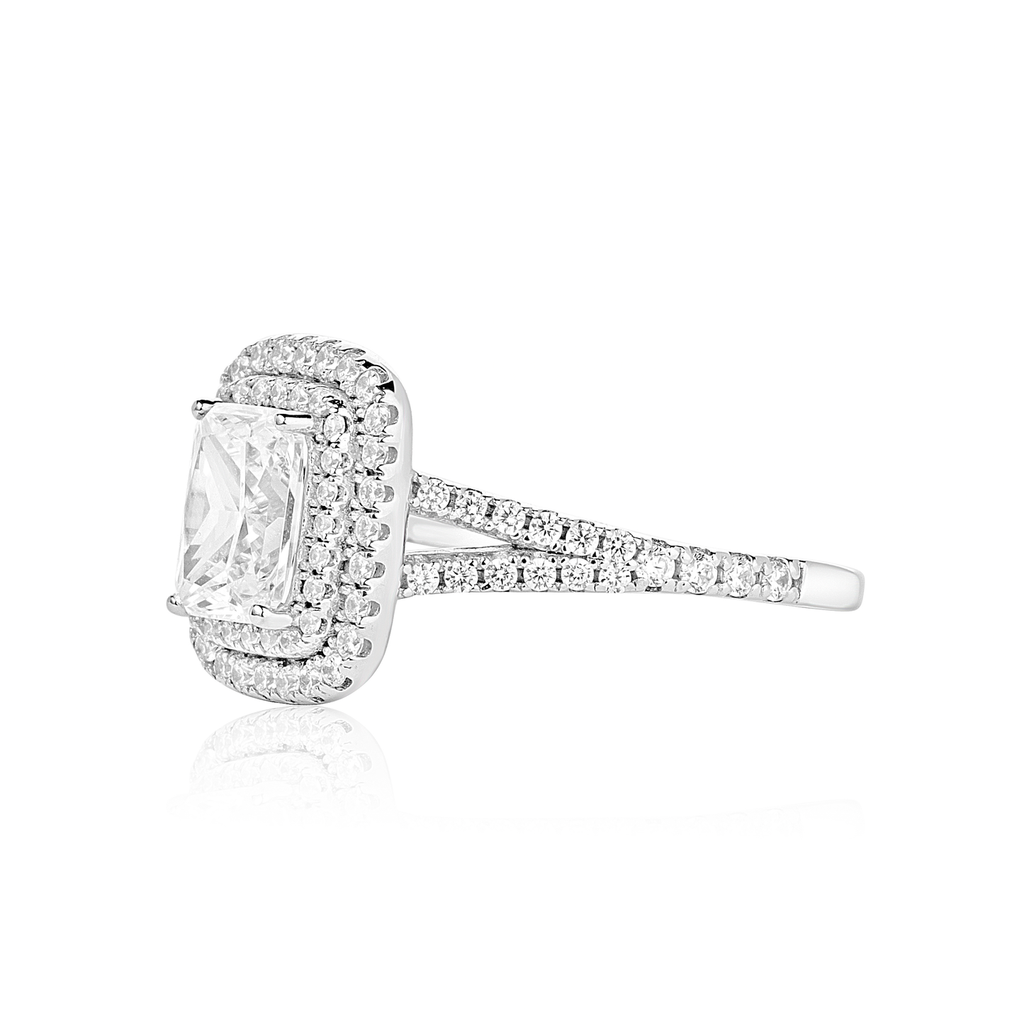Diamond ring with a clear gemstone and halo on a white background