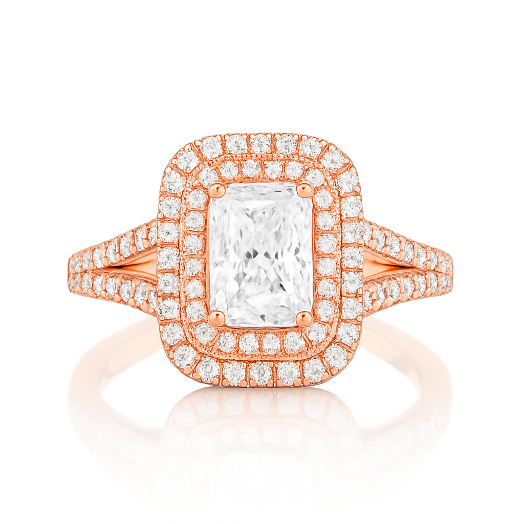 Rose gold ring with a large diamond and smaller diamonds on a white background
