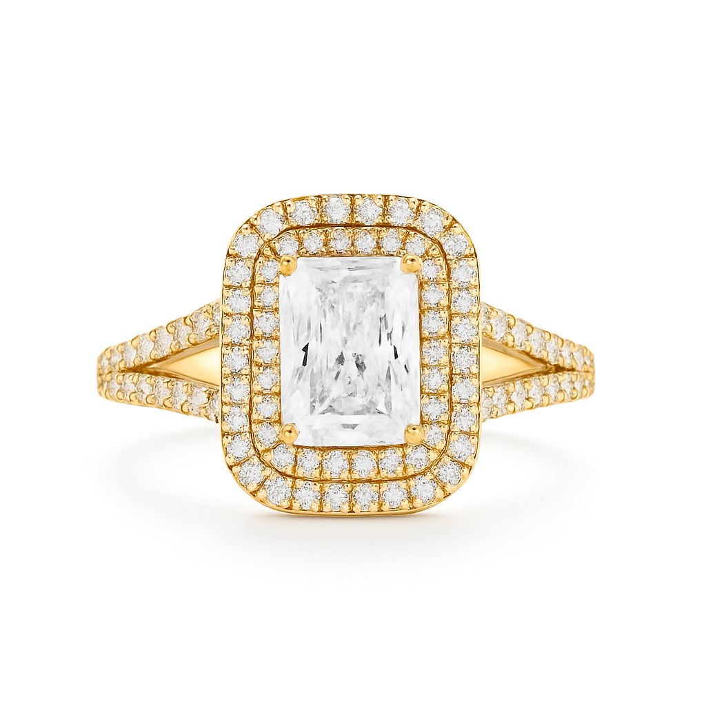 Gold ring with a large central diamond and smaller diamonds on a white background