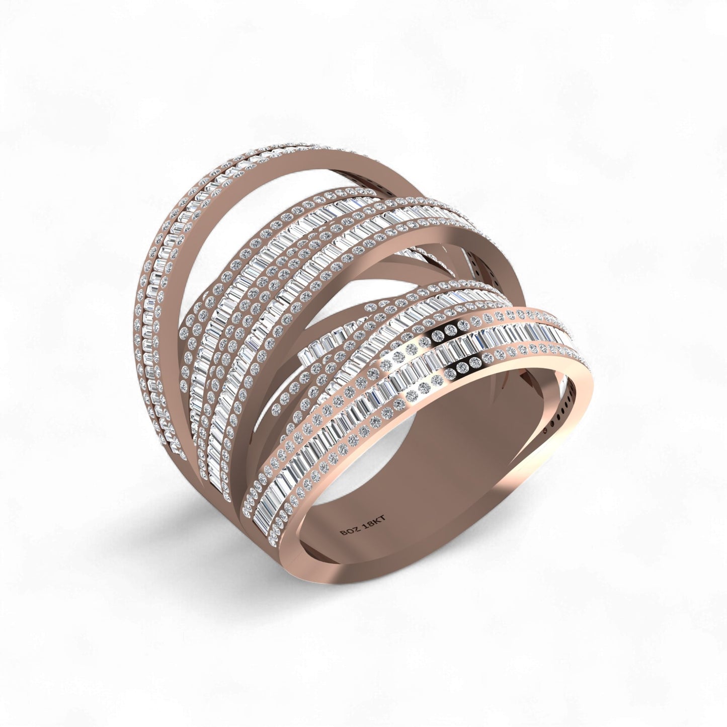 Layered Crisscross Baguette Cut Tri Tone Moissanite Ring in 18 karat Gold