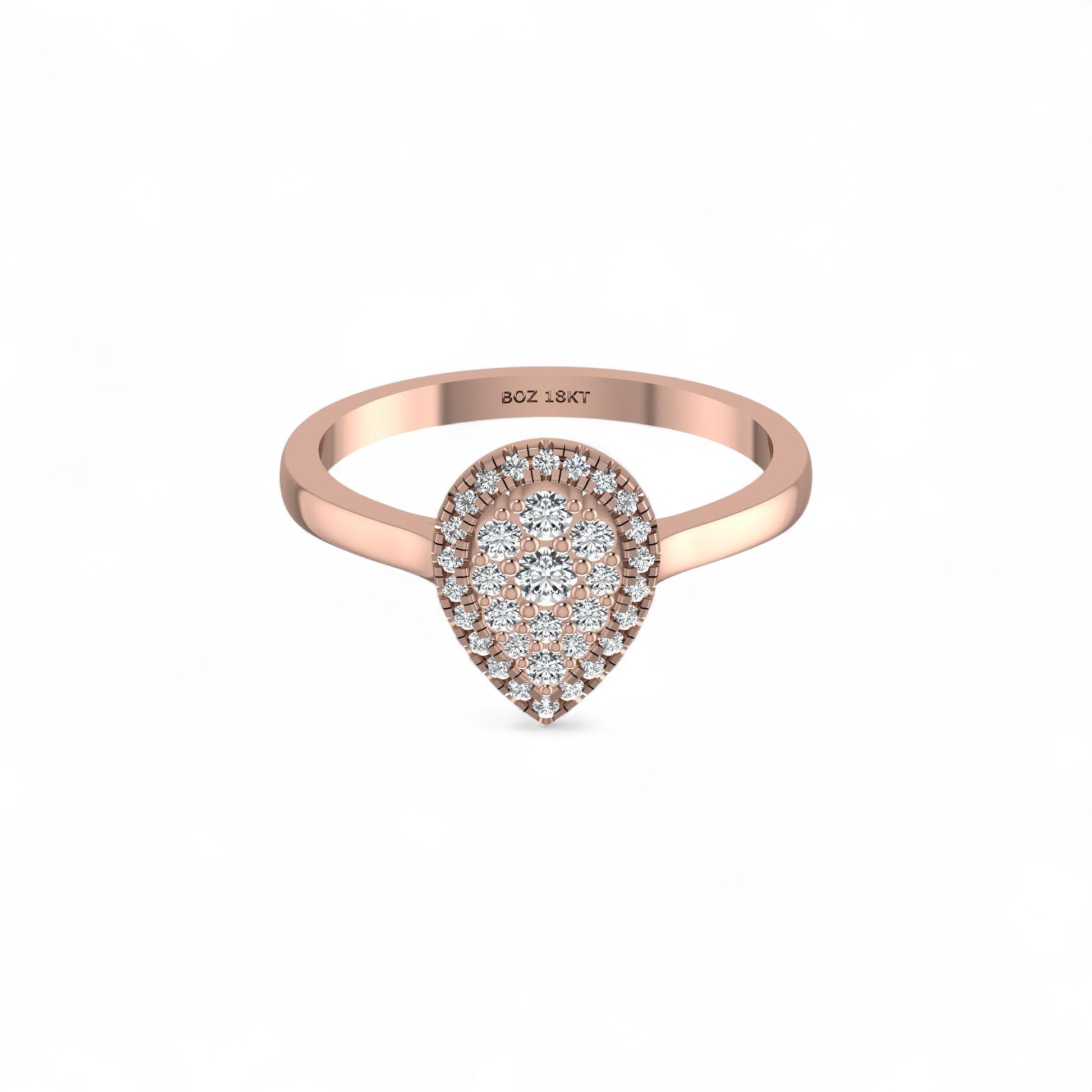 Rose gold ring with a teardrop-shaped diamond design on a white background
