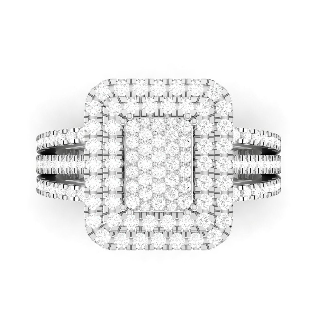 A sterling silver engagement ring with a radiant cut cubic zirconia centerpiece surrounded by smaller clear stones set in a classic six-prong setting.