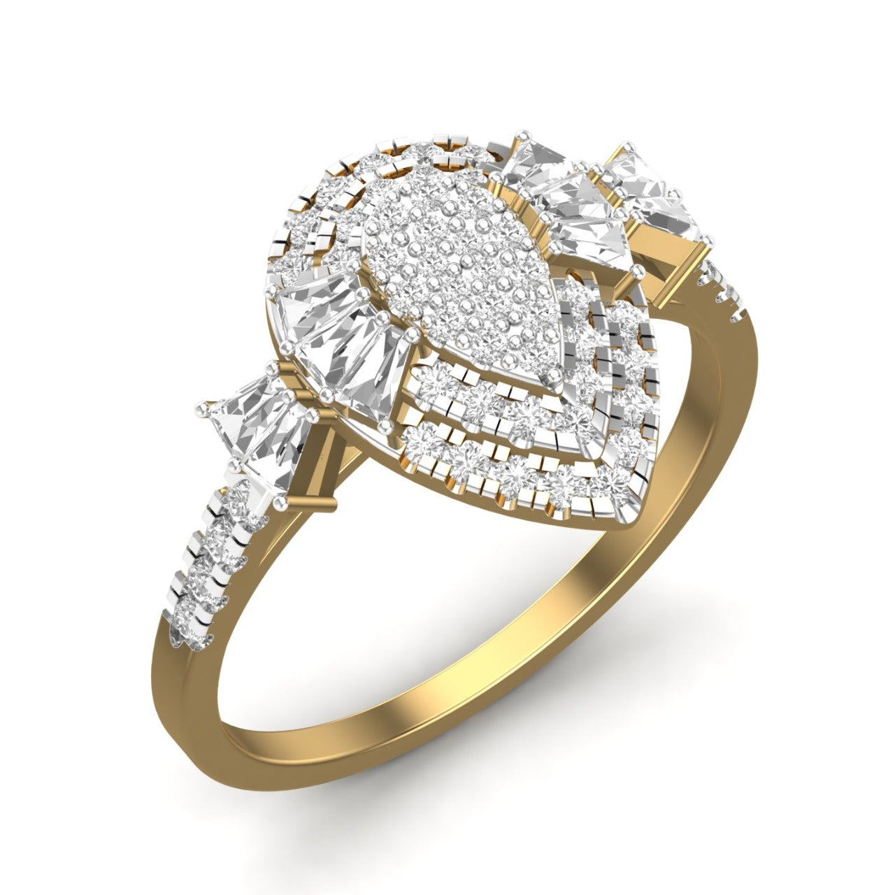 A pear cut diamond engagement ring with smaller diamonds set around the band in 18 karat gold.