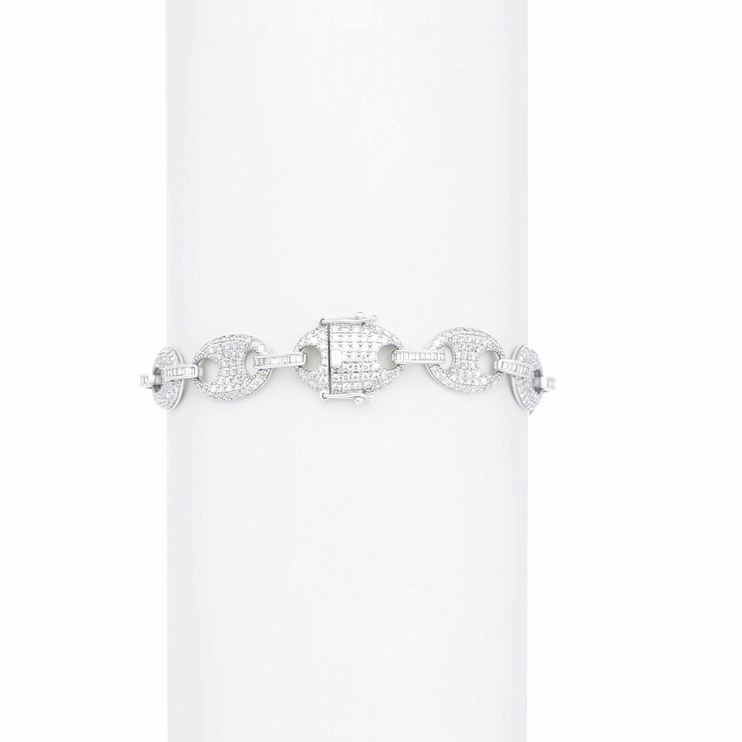 Silver bracelet with clear stones on a white background