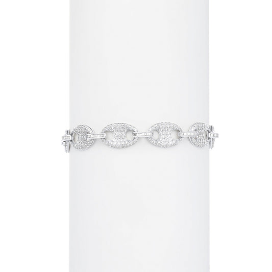 Silver bracelet with circular links on a white background