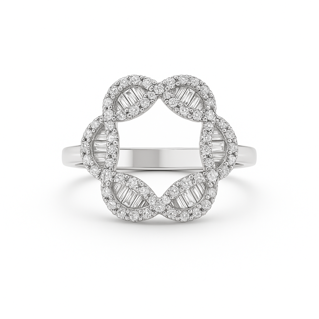 Silver ring with diamond accents on a white background