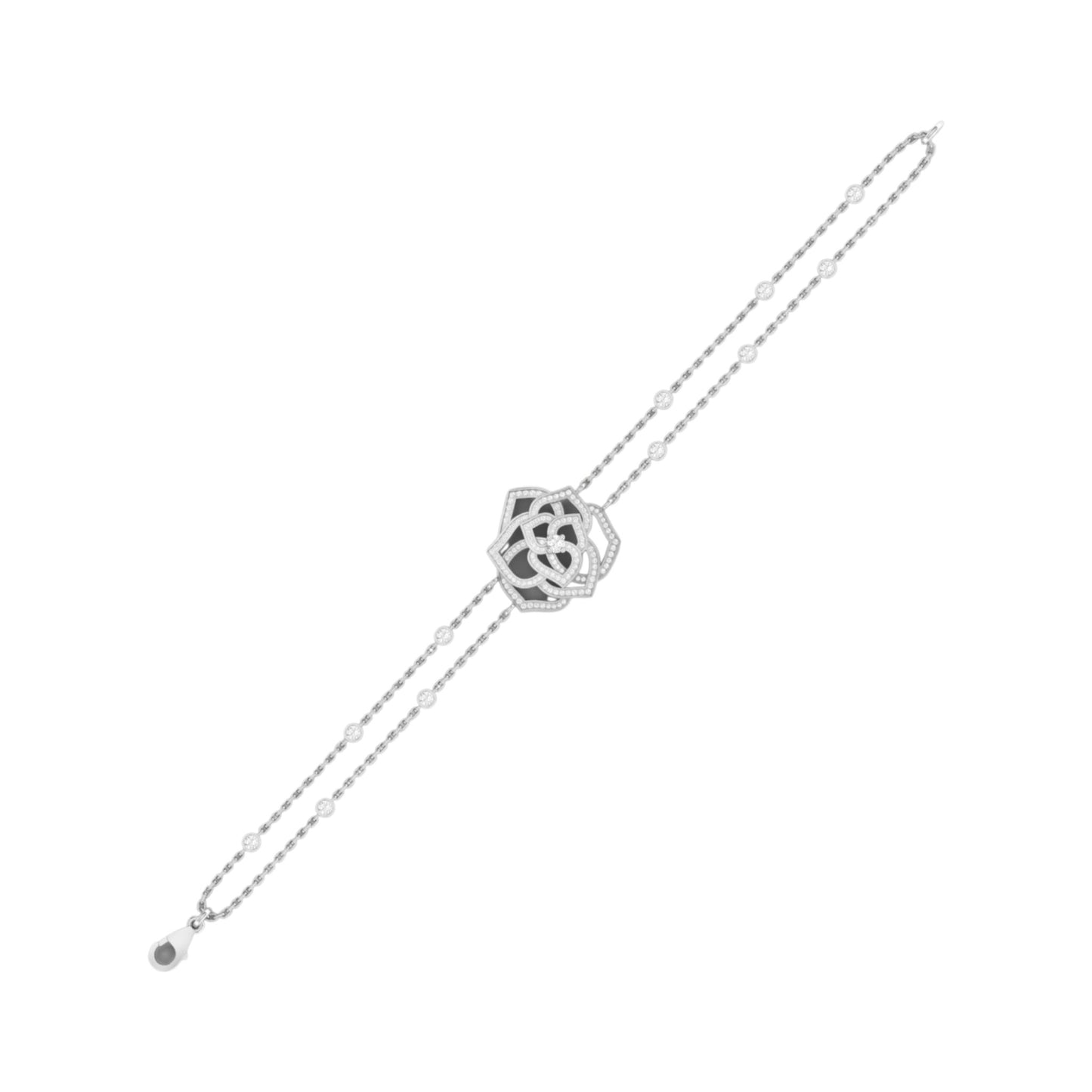 Silver bracelet with a geometric design on a white background