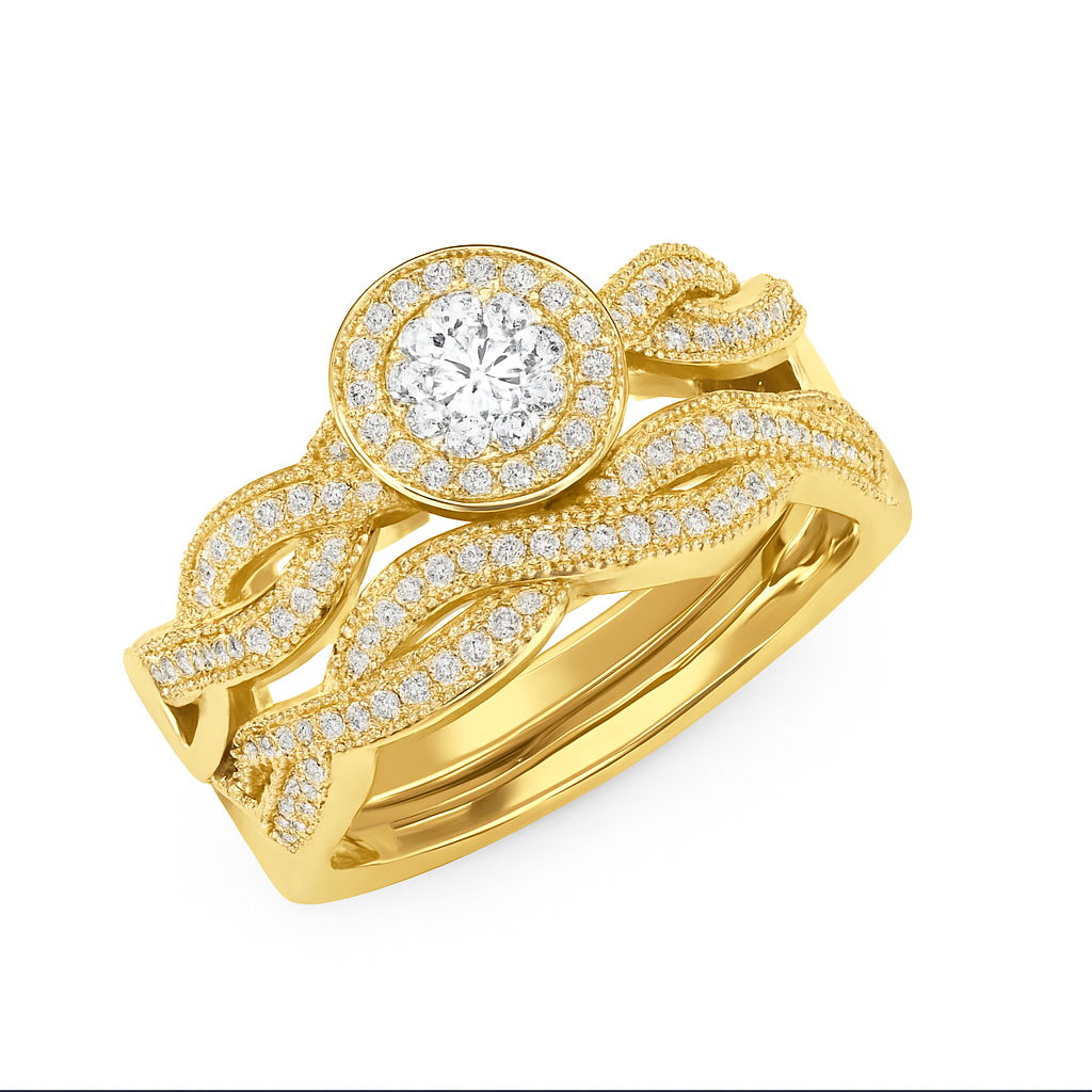 Gold ring with diamond accents on a white background