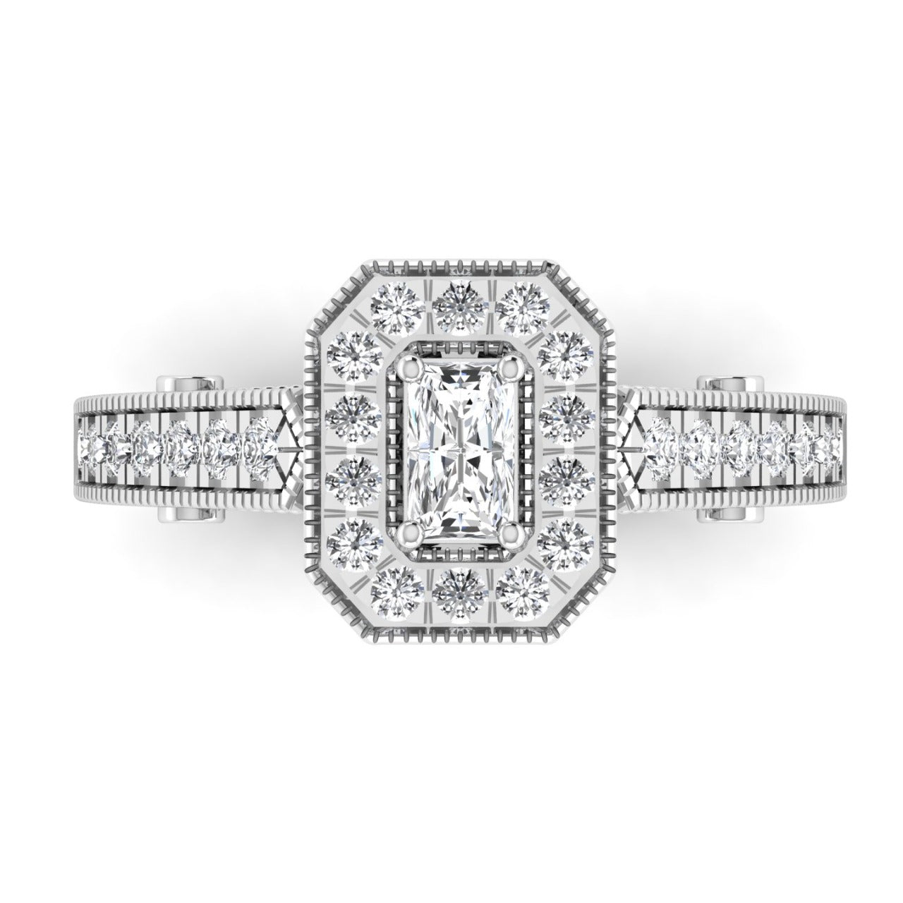 Diamond ring with a central emerald-cut gemstone and smaller diamonds on a white background
