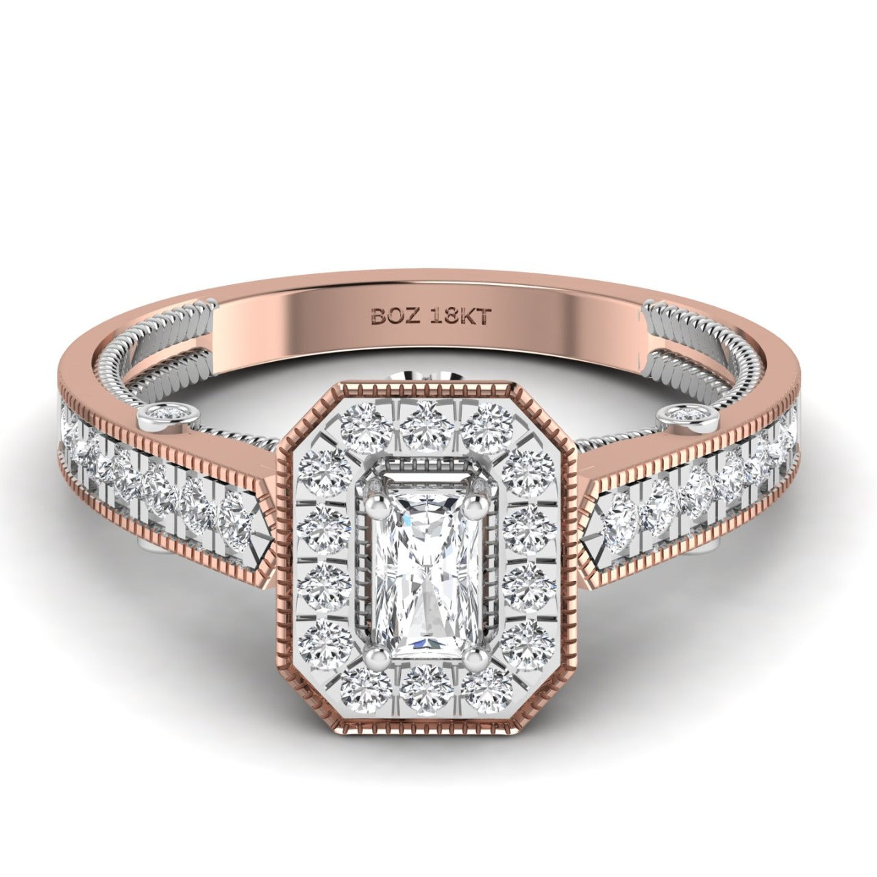Rose gold and silver diamond ring on a white background