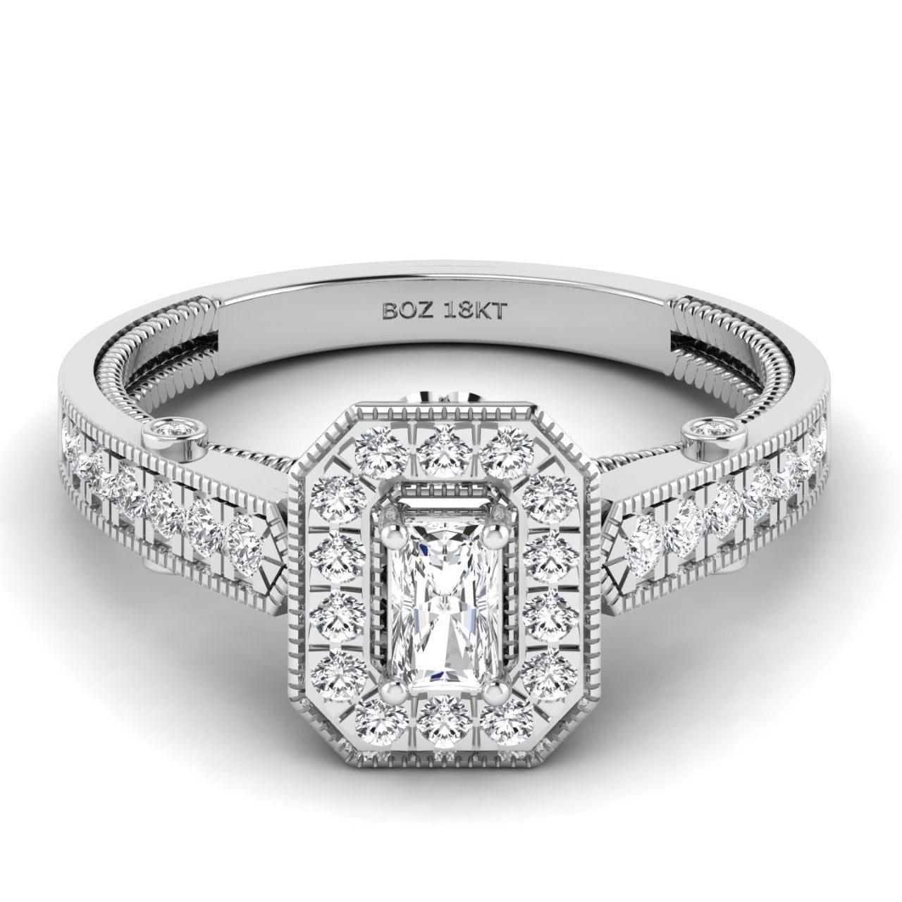 Elegant diamond ring with 'BOZ 18KT' marking on a white background