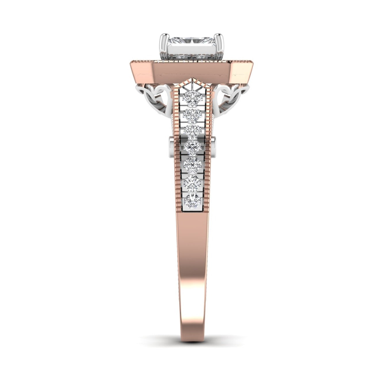 Rose gold ring with diamond accents on a white background