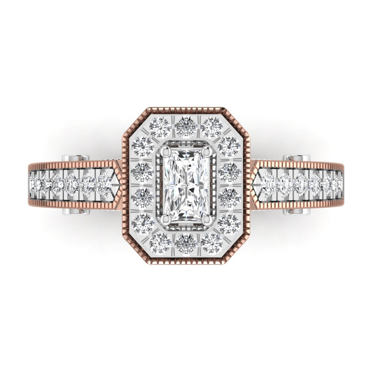 Diamond ring with rose gold and white gold band on a white background