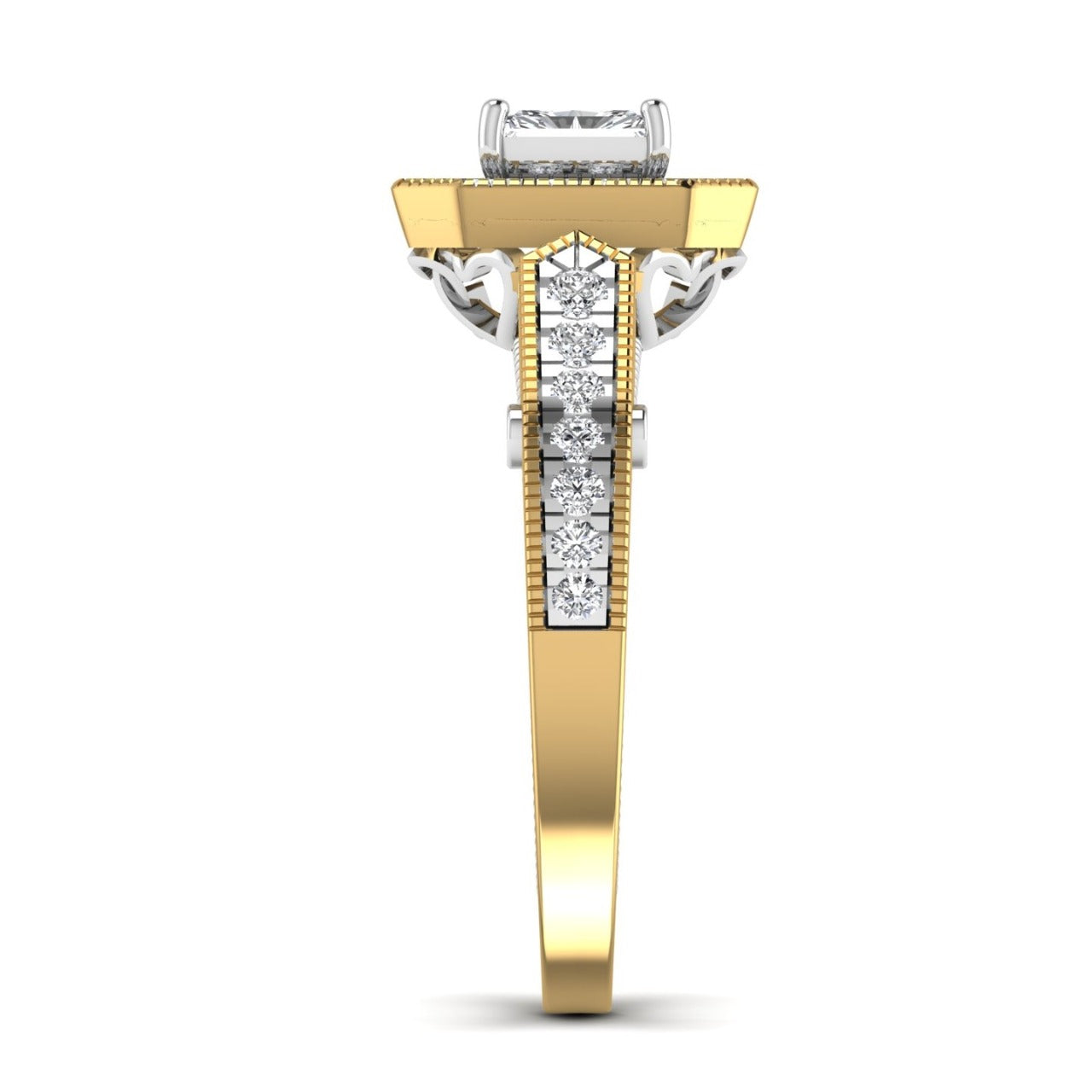 Gold and silver ring with diamond accents on a white background