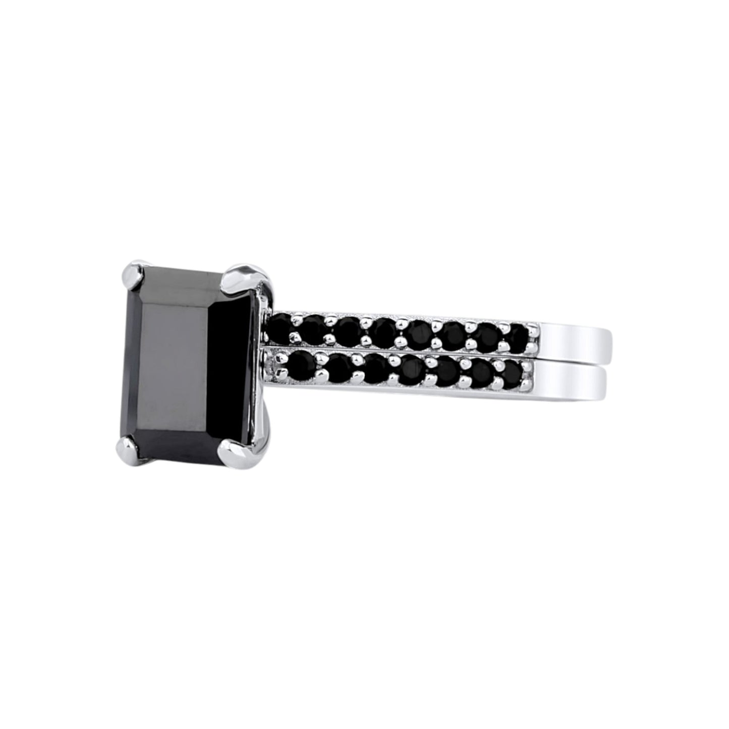 No Halo Black Emerald Cut Bridal Set in 925 Sterling Silver