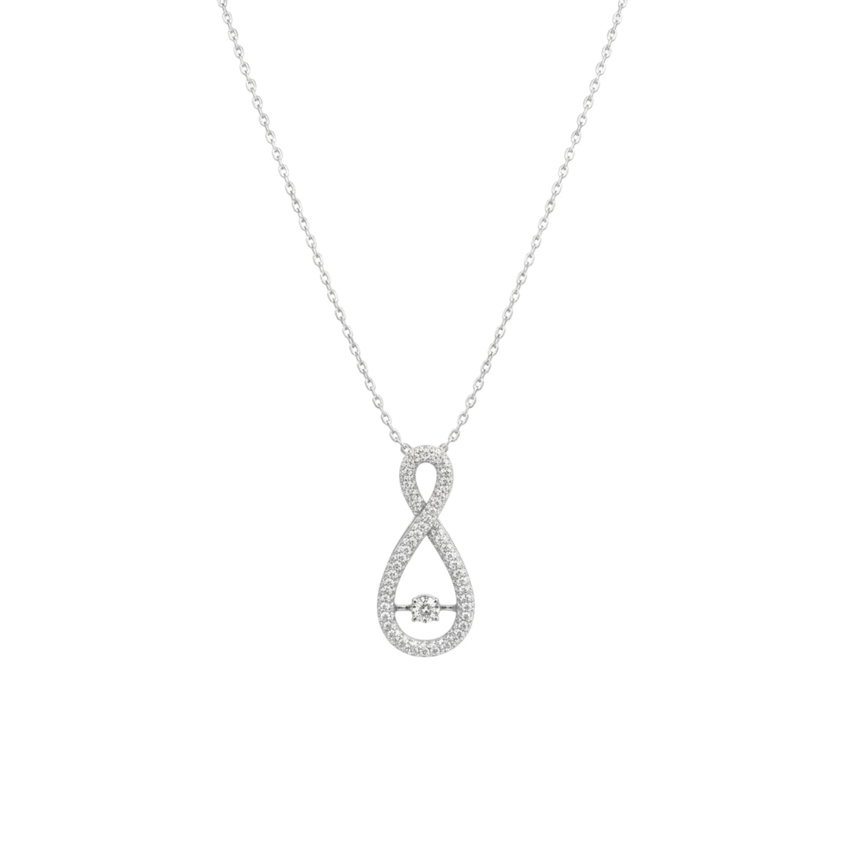 Silver infinity pendant necklace on a white background