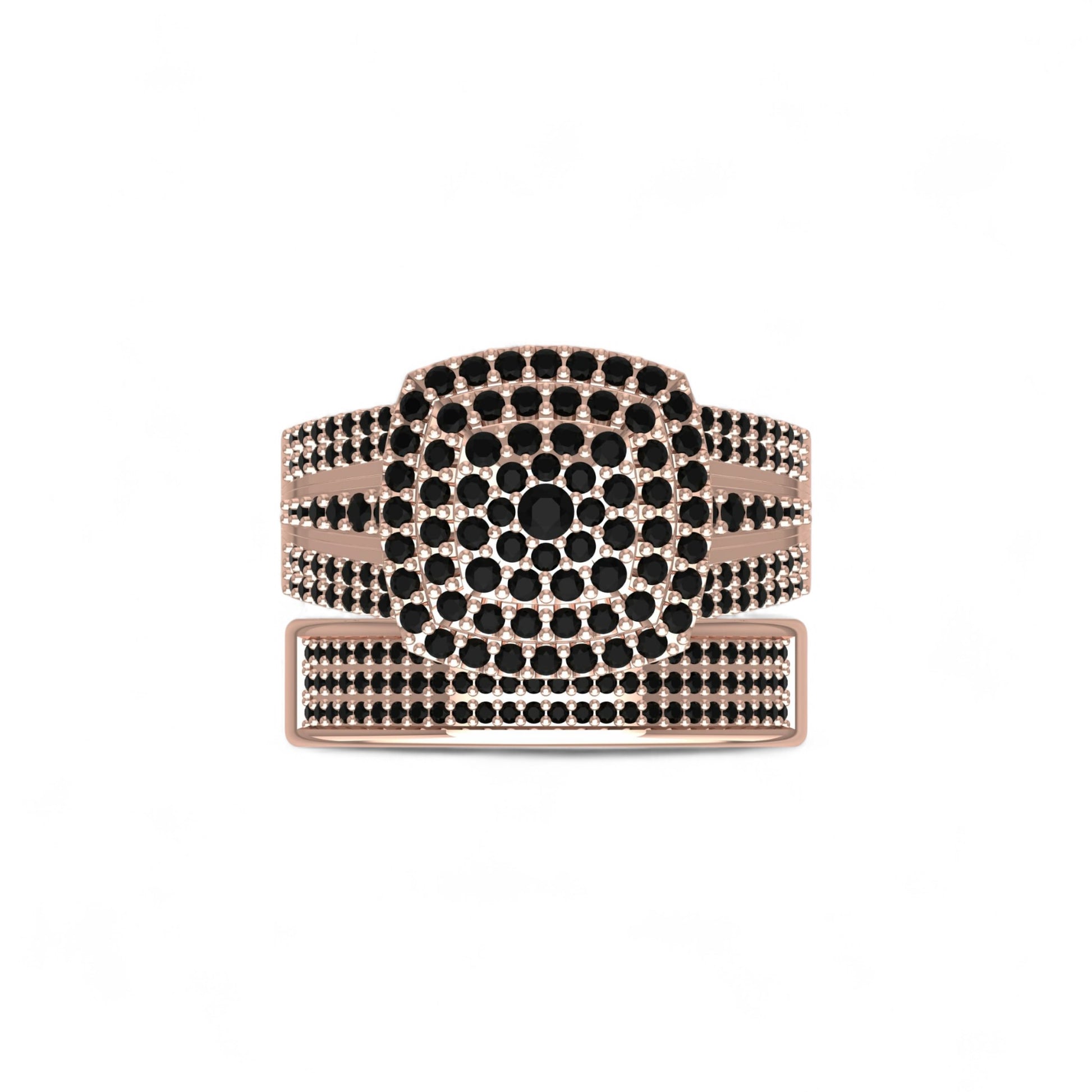 Decorative belt with black and rose gold design on a white background