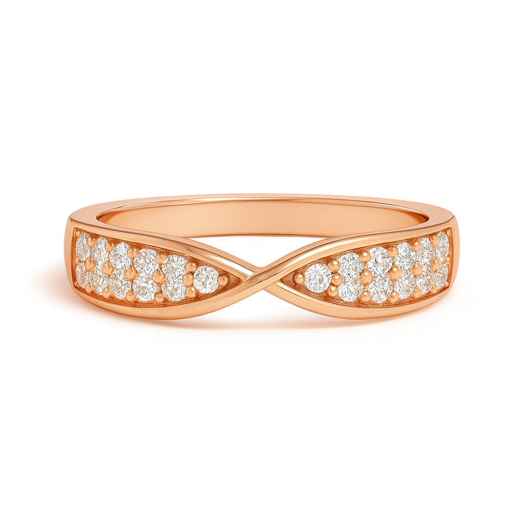 Rose gold ring with diamond accents on a white background