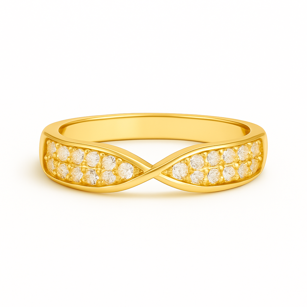 Gold ring with diamond accents on a white background