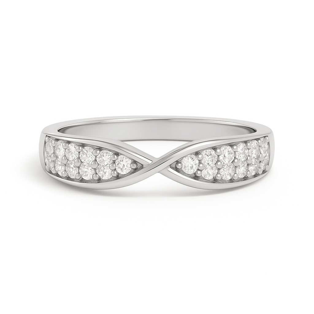 Silver ring with diamond accents on a white background
