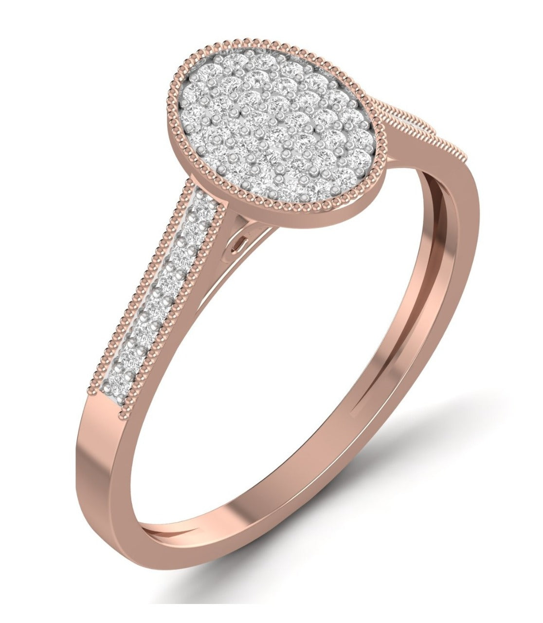 An 18 karat gold engagement ring featuring an oval cut diamond with smaller diamonds on the band