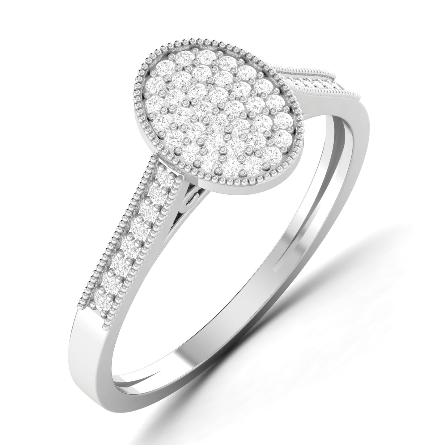An 18 karat gold engagement ring featuring an oval cut diamond with smaller diamonds on the band