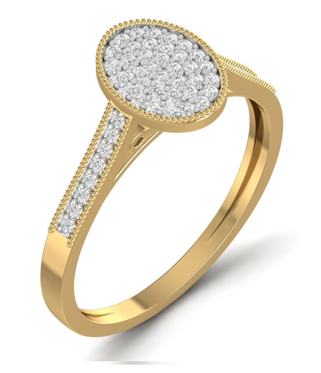 An 18 karat gold engagement ring featuring an oval cut diamond with smaller diamonds on the band