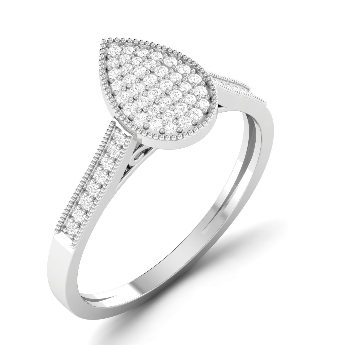 A pear cut diamond engagement ring set in 18 karat gold, with smaller diamonds on the band.