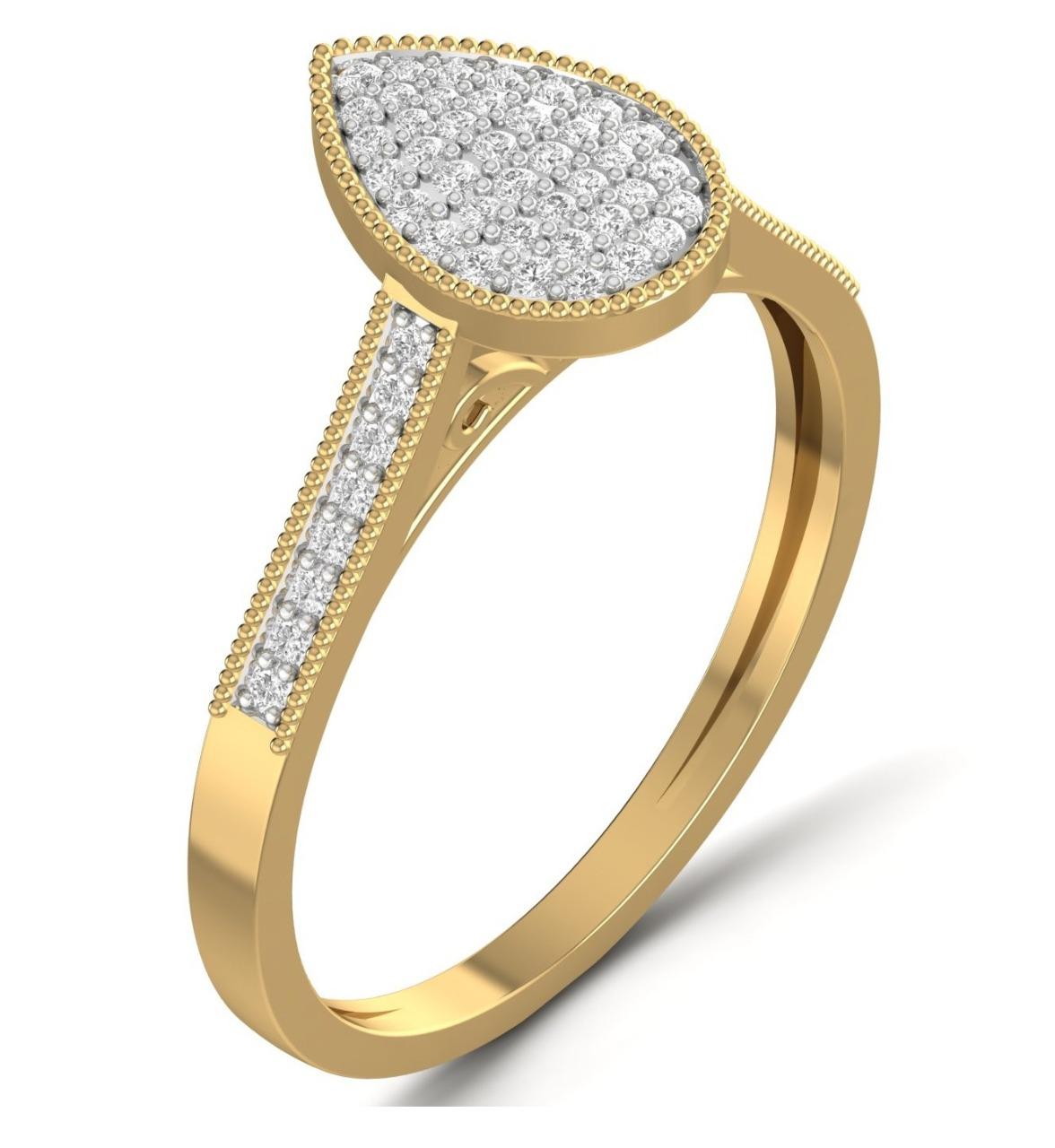 A pear cut diamond engagement ring set in 18 karat gold, with smaller diamonds on the band.