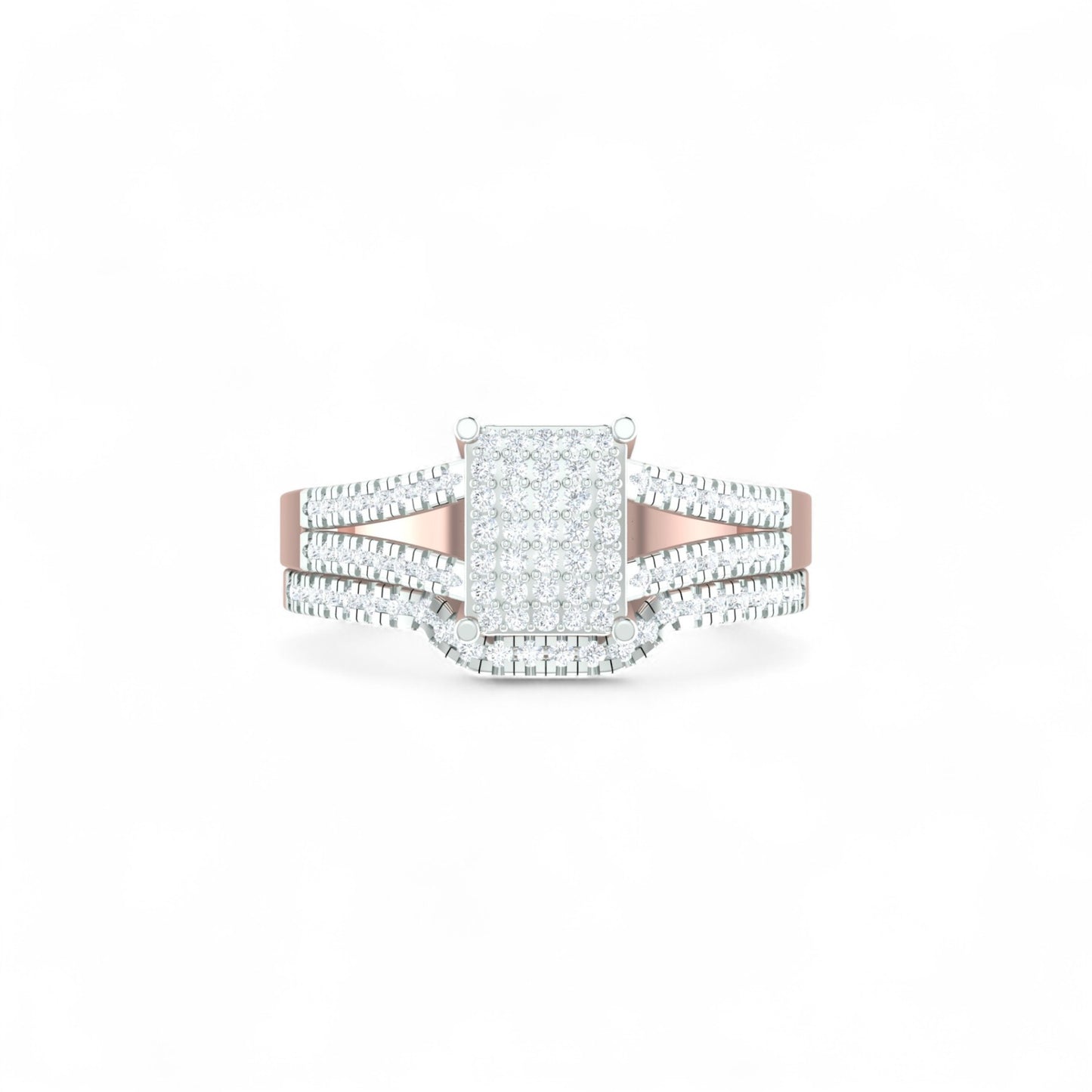 Rose gold and silver ring with diamond accents on a white background
