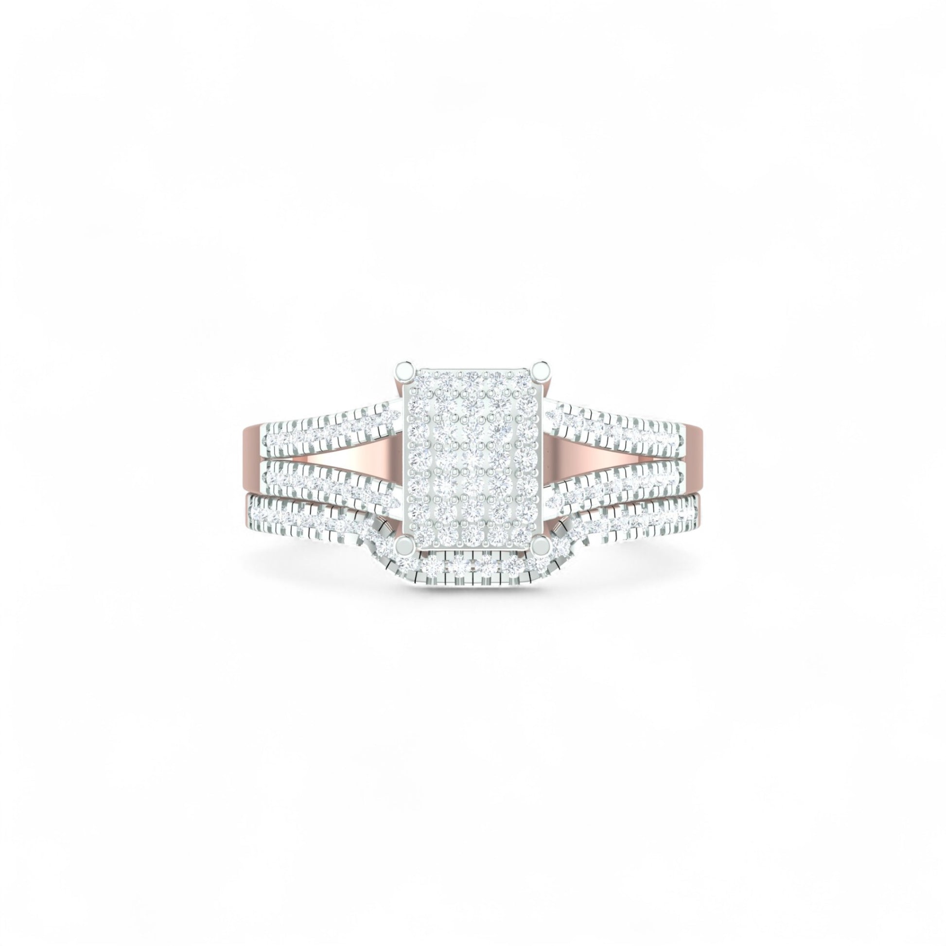 Rose gold and silver ring with diamond accents on a white background