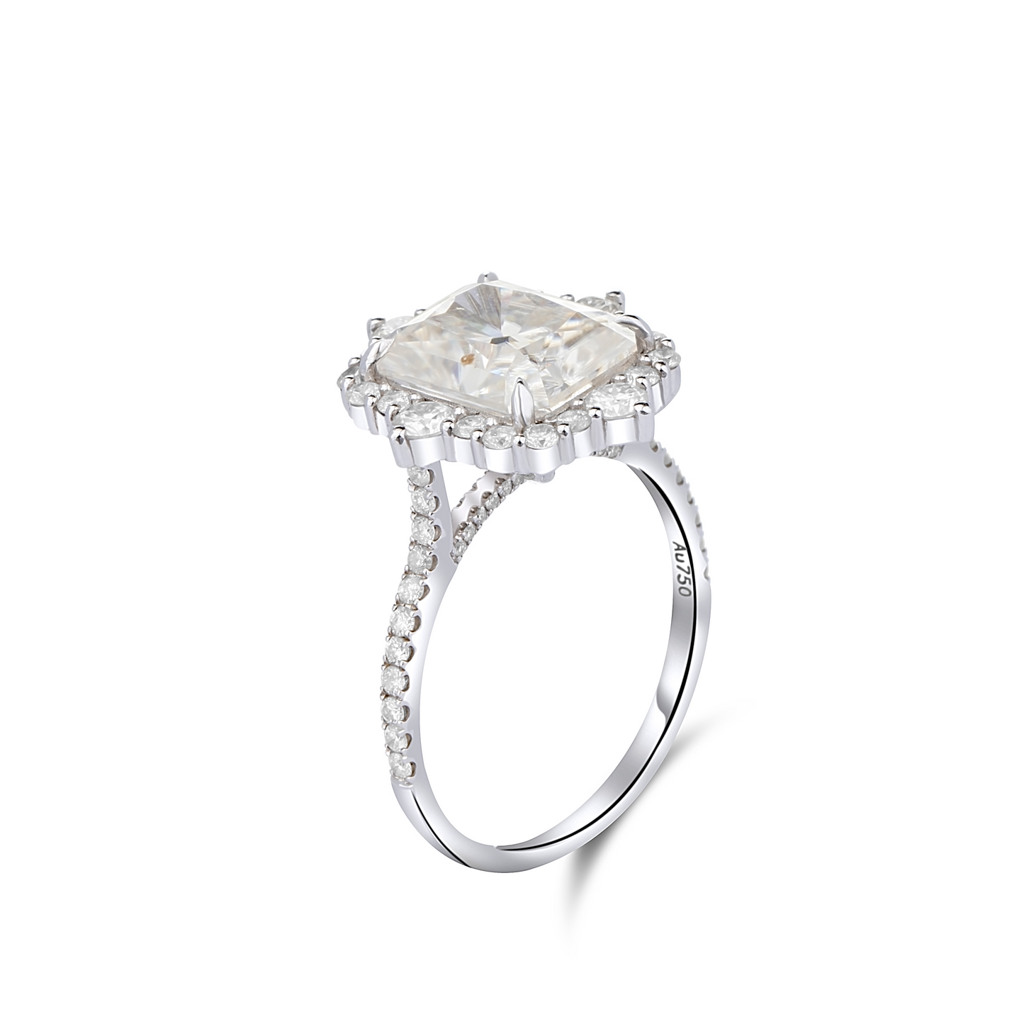 Silver ring with a large diamond and smaller diamonds on the band against a white background