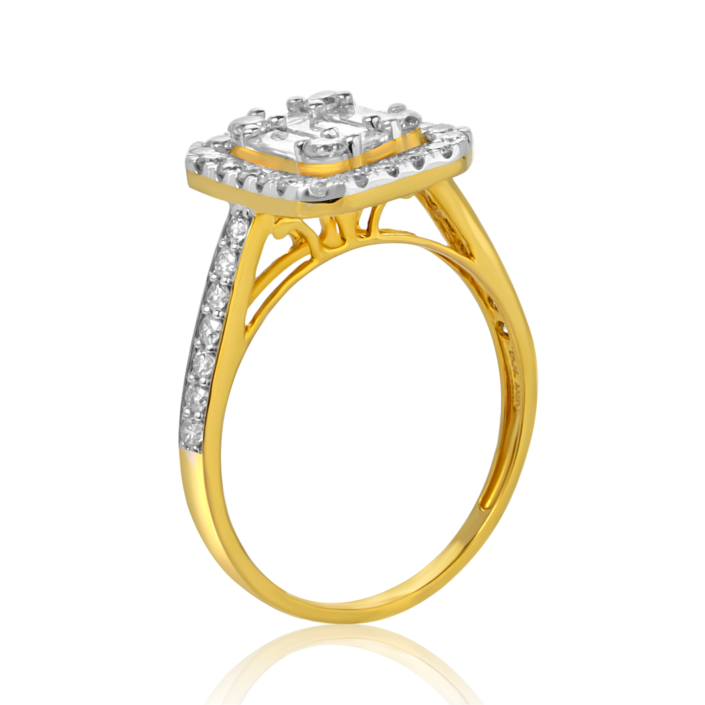 Gold and silver ring with diamond accents on a white background