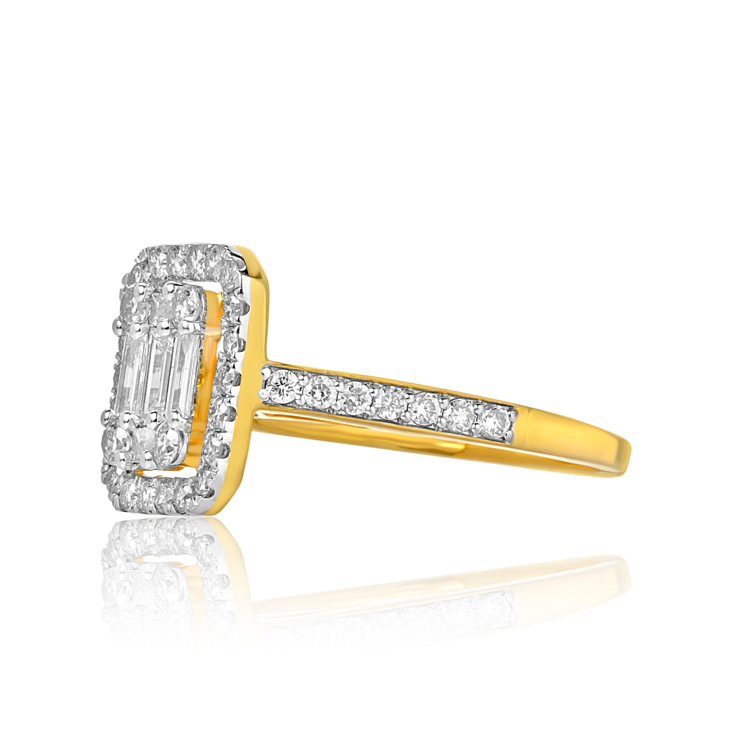 Gold and silver ring with diamond accents on a white background