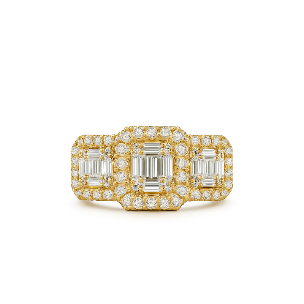 Gold ring with emerald-cut diamonds on a white background