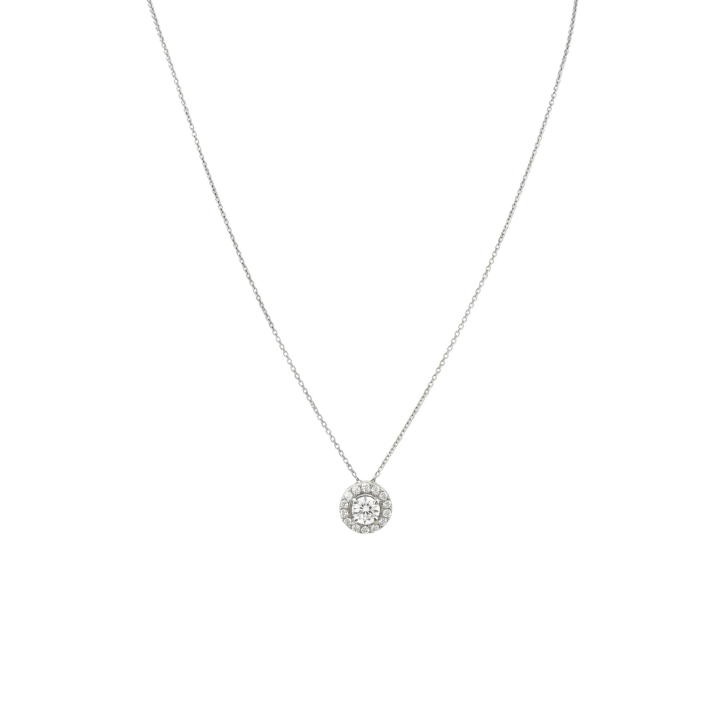 Single Halo Solitaire round cut moissanite necklace in 925 sterling silver with rhodium plating
