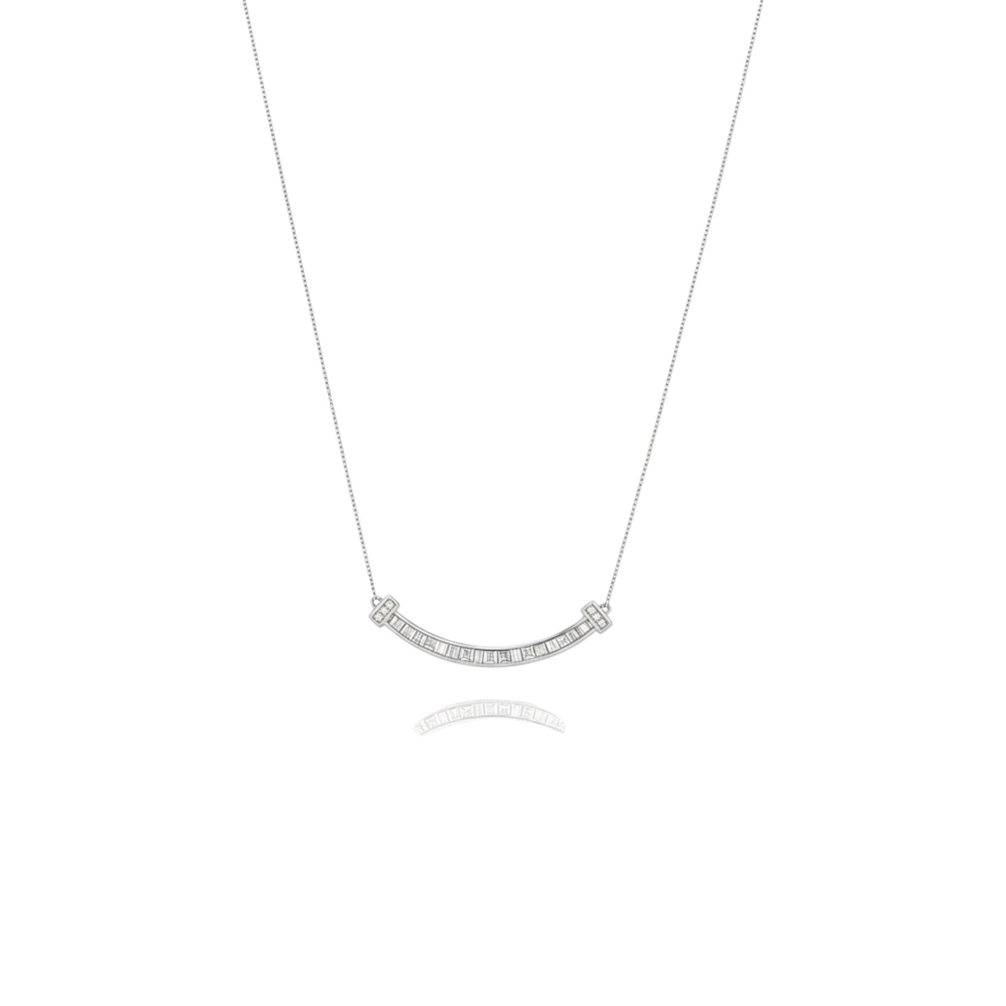 Smile Baguette Diamond Necklace in 18KT gold with curved baguette-cut diamonds and delicate chain